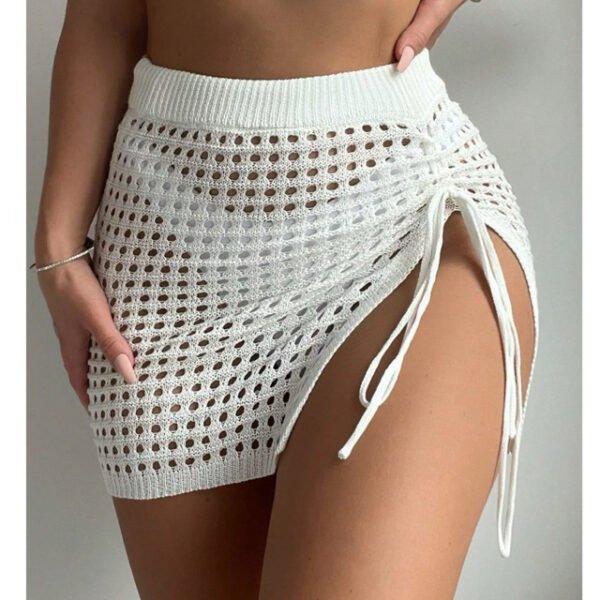 Saia Crochê Tricot com Cordão Fenda Lateral Praia Piscina